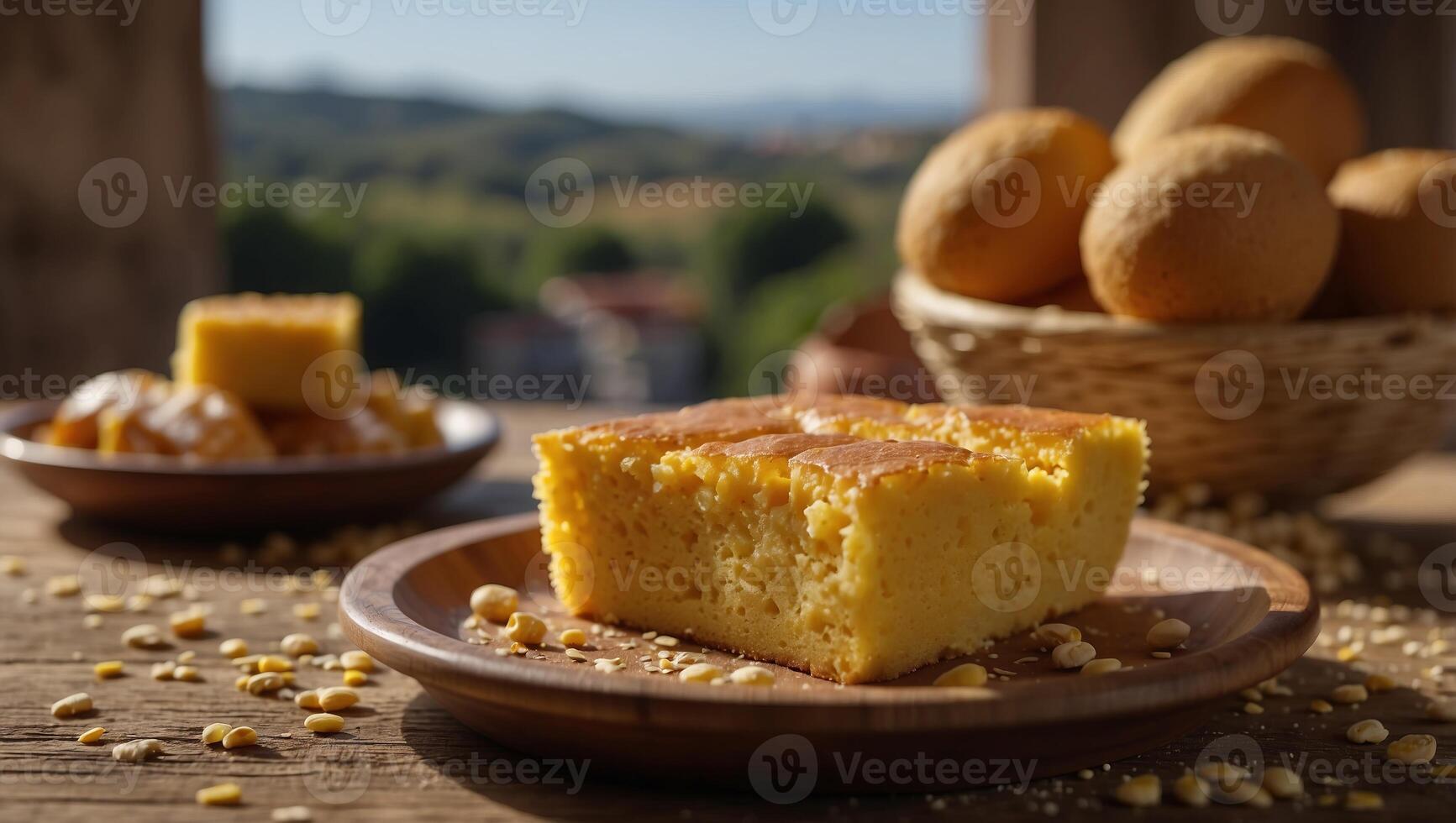 Broa, traditional portuguese corn bread, made with corn and wheat flour, and typical portuguese sweets in the background, european breakfast. photo