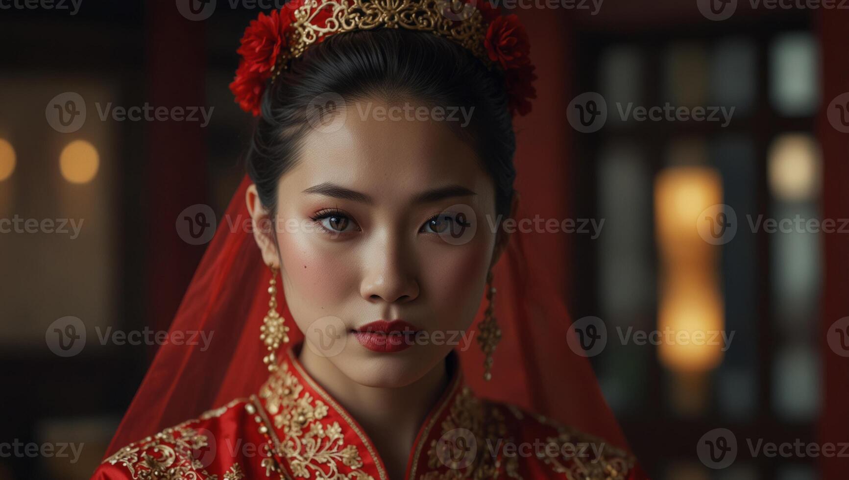 Chinese bride in traditional red wedding dress. photo