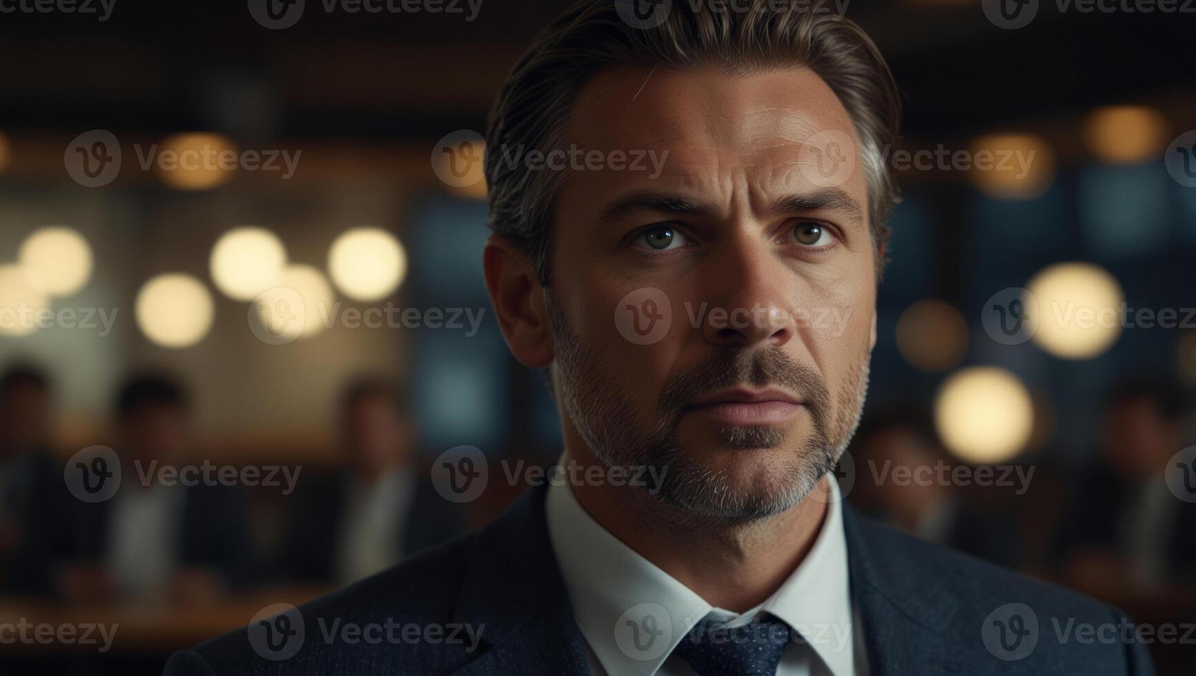 Businessman looks far for the future with internet network effect. photo