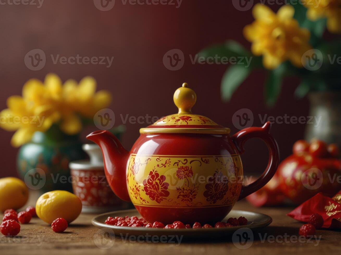 Chinese new year teapot with candy and jam , flower and red pocket , yellow background photography Tet holiday content , chinese new year. photo