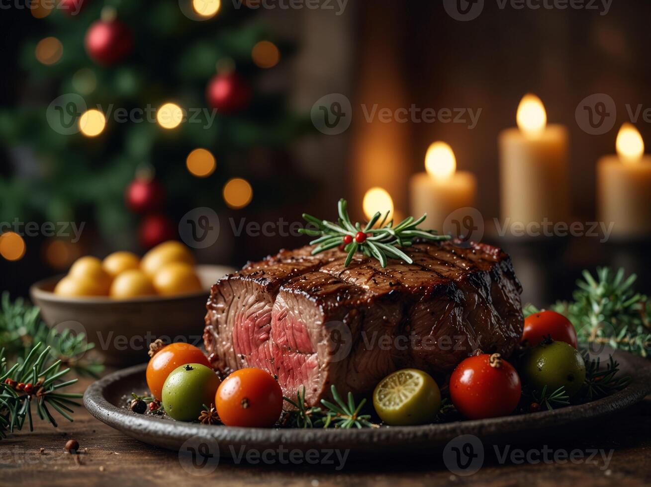 Christmas dinner for two, grilled beef steak ribeye, herbs and spices on a stone table with a Christmas tree and New Year's toys. photo