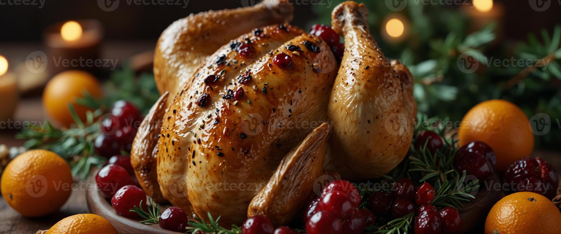 Christmas roasted chicken with cranberries, orange, spices and herbs Christmas food concept. photo