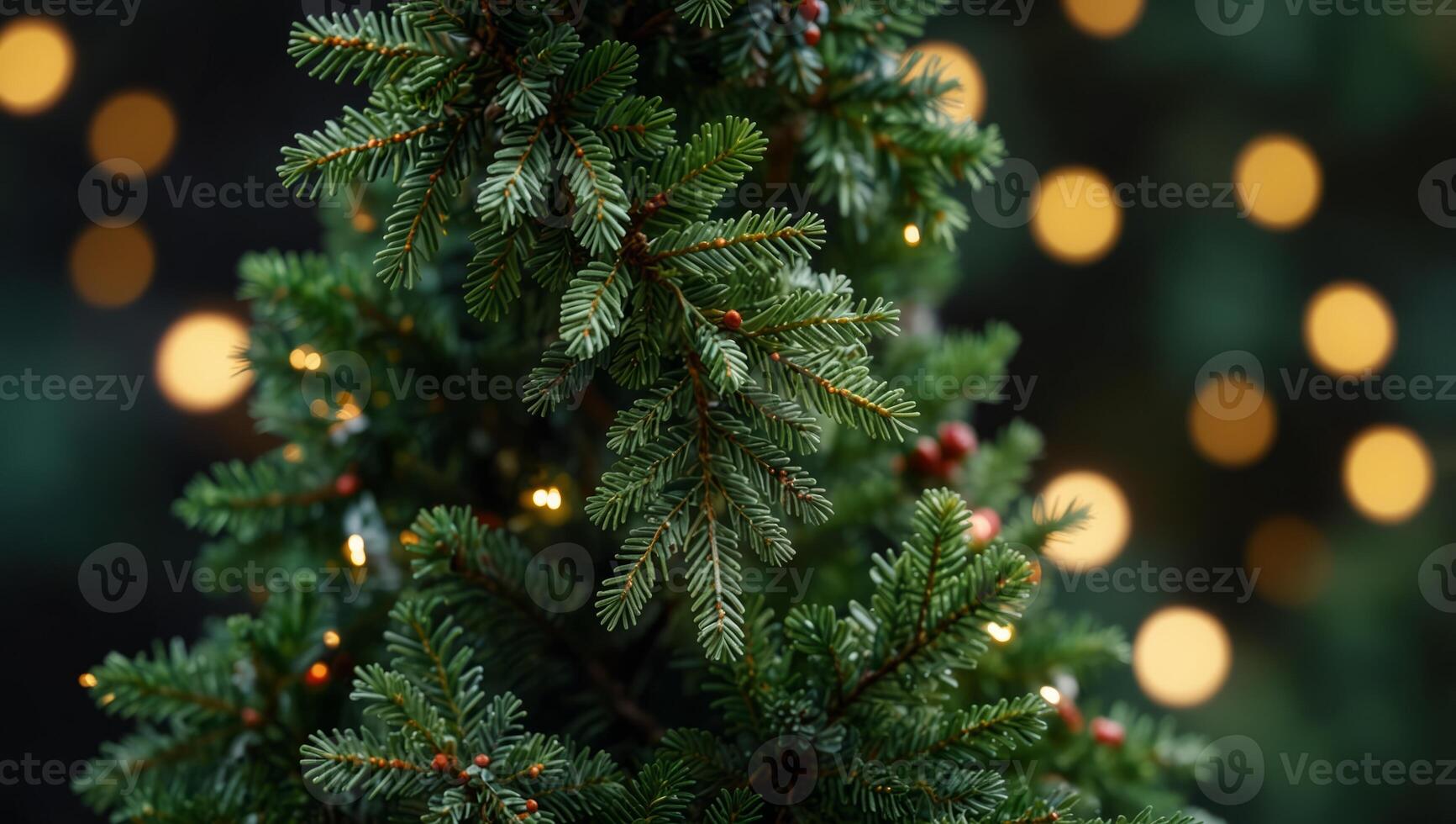 Christmas tree branch with garland in front of green background. photo