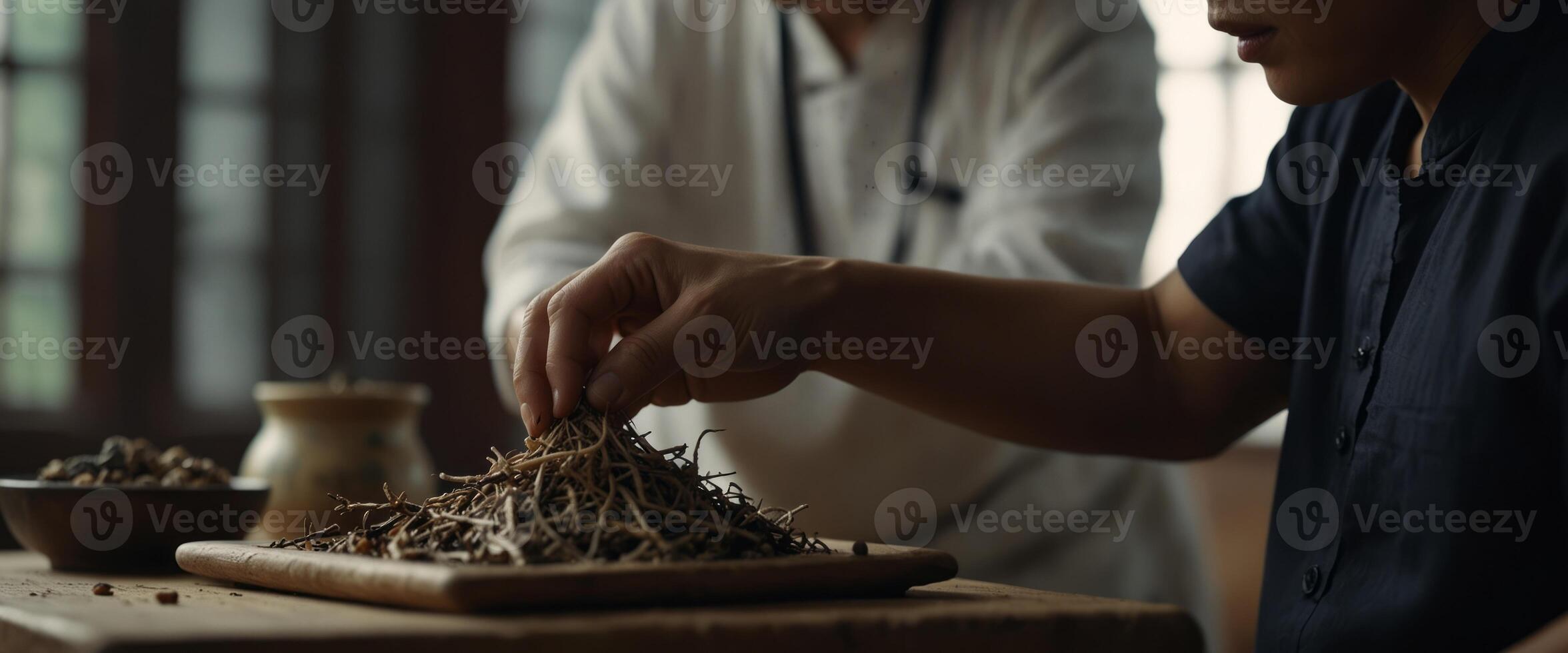 Close-up image of traditional Chinese medicine practitioner using special scales to weight dry plant roots for treatment. photo