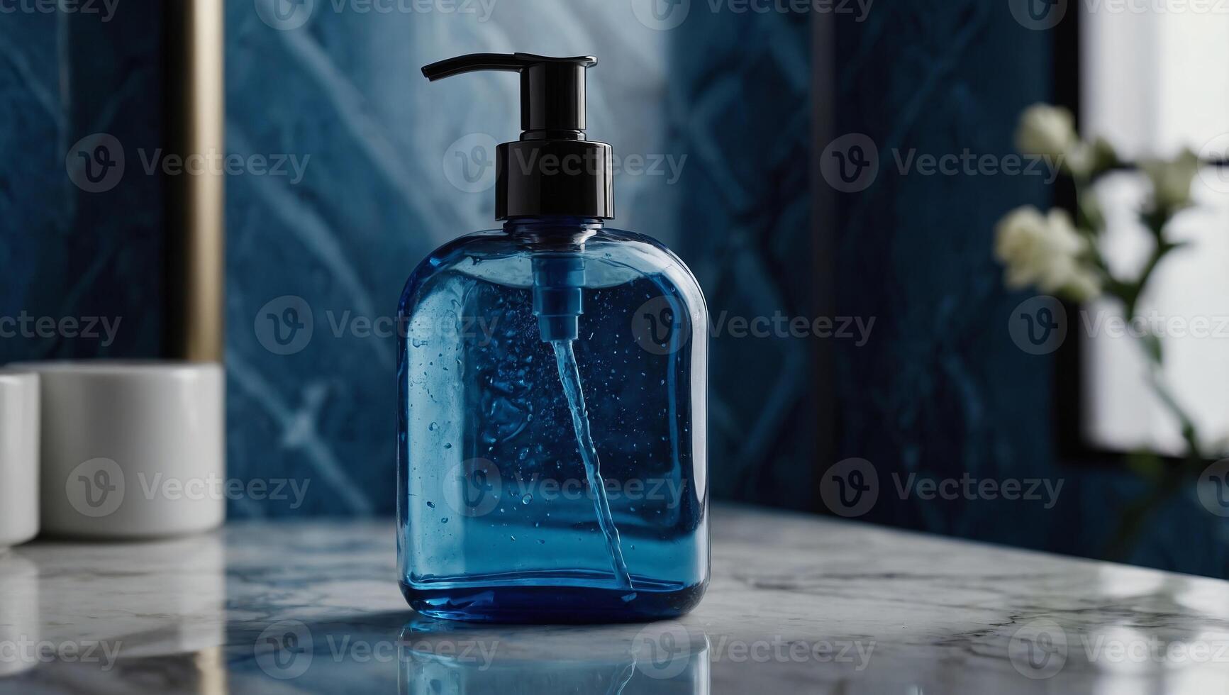 Contemporary Bathroom Style Blue Soap Bottle Resting on Marble. photo