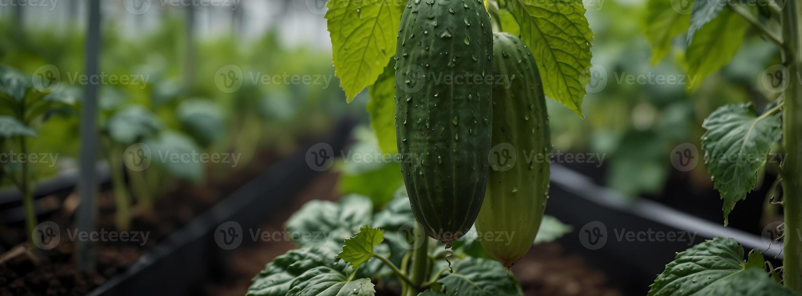 Cucumber plant is growing in vegetable green house on hydroponics, eco friendly business, greenhouse hydroponics drip irrigation system for plants. photo