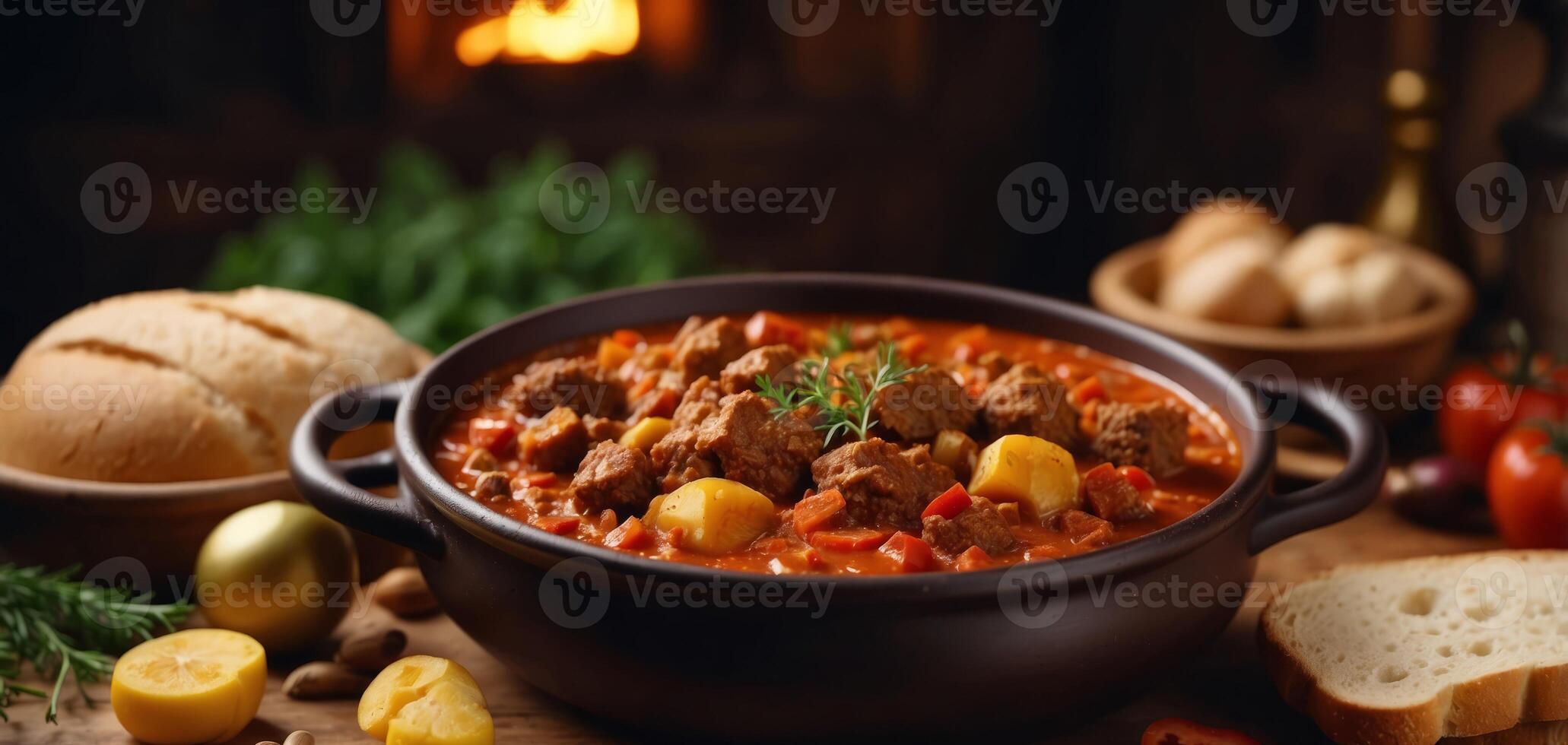 Delicious goulash in pot, bread and ingredients on wooden table, flat lay. photo