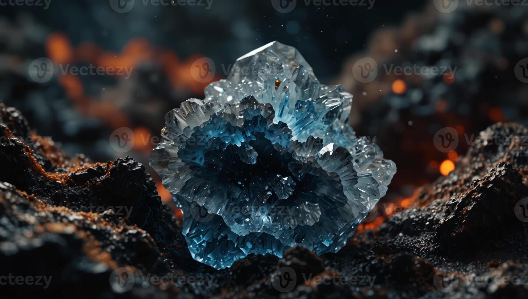 Crystalline formations inside a volcanic geode, hidden beauty in destructive forces. photo