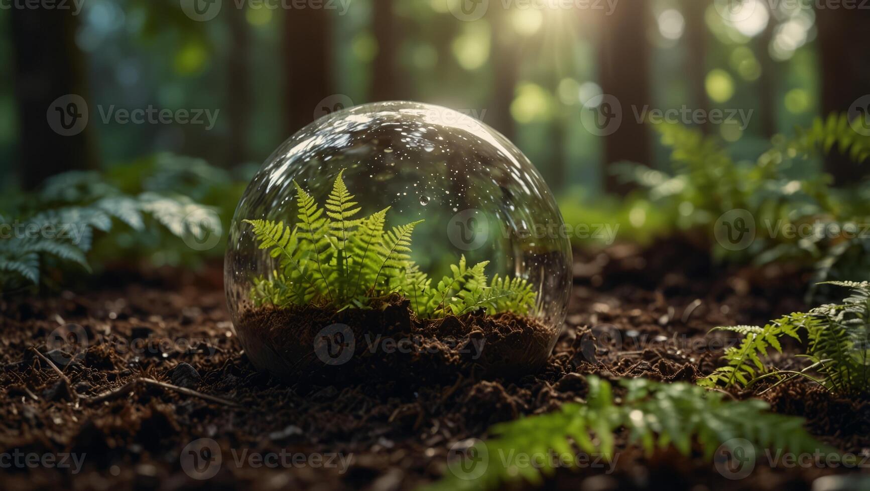Crystal Earth On Soil In Forest With Ferns And Sunlight - Environment, save clean planet, ecology concept Earth Day banner with copy space. photo