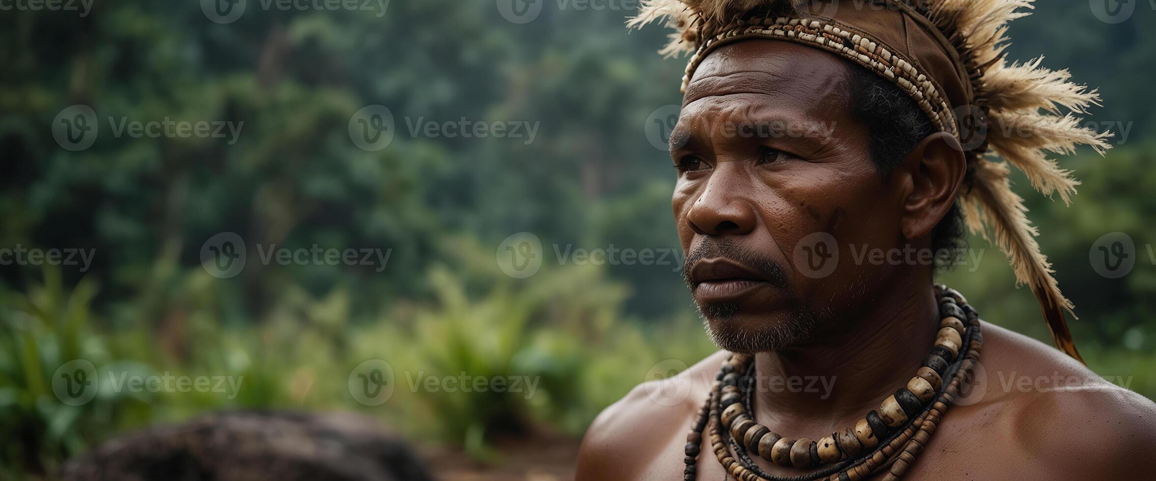Dani Tribe man from Papua Indonesia wearing traditional costume and koteka is looking around to get the food. photo