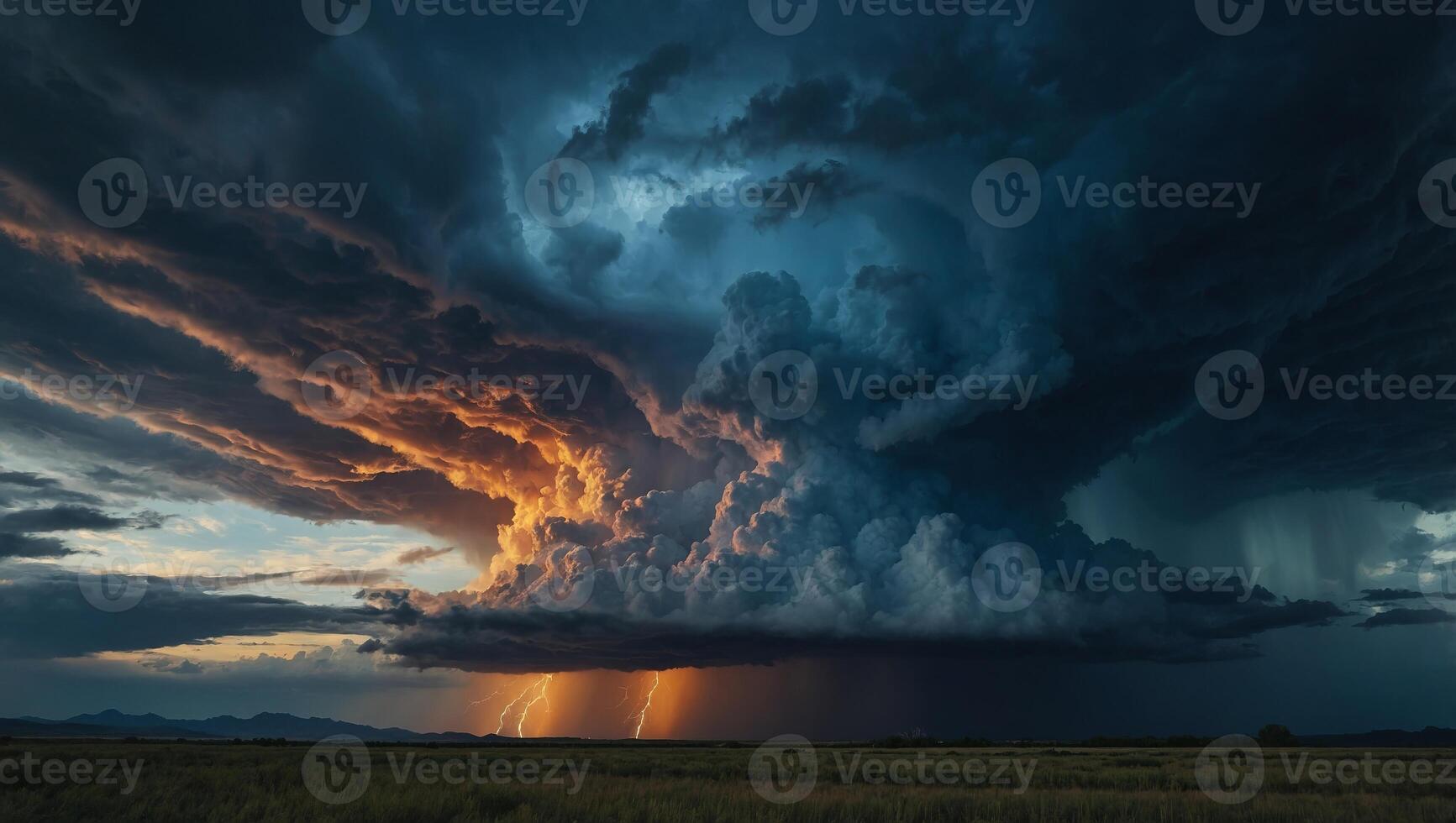 Dramatic storm clouds with contrasting hues of blue and orange, capturing the powerful and turbulent beauty of nature. photo