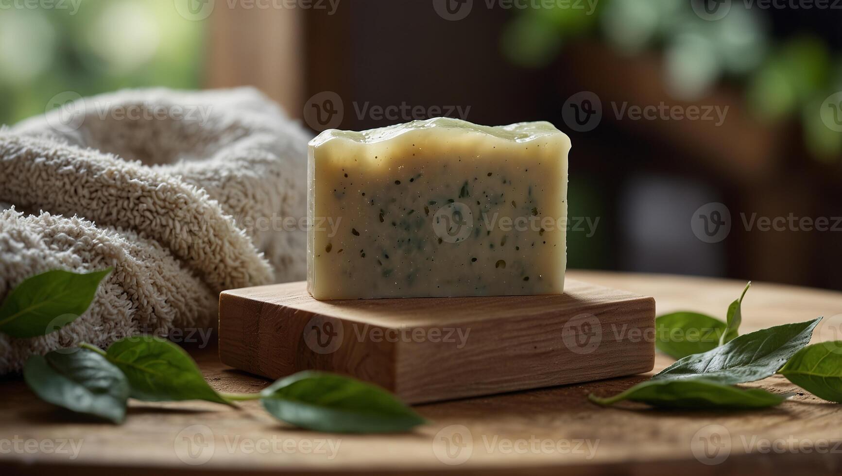 Eco friendly solid shampoo soap bar on wooden dish with green leaves and towel in background. photo