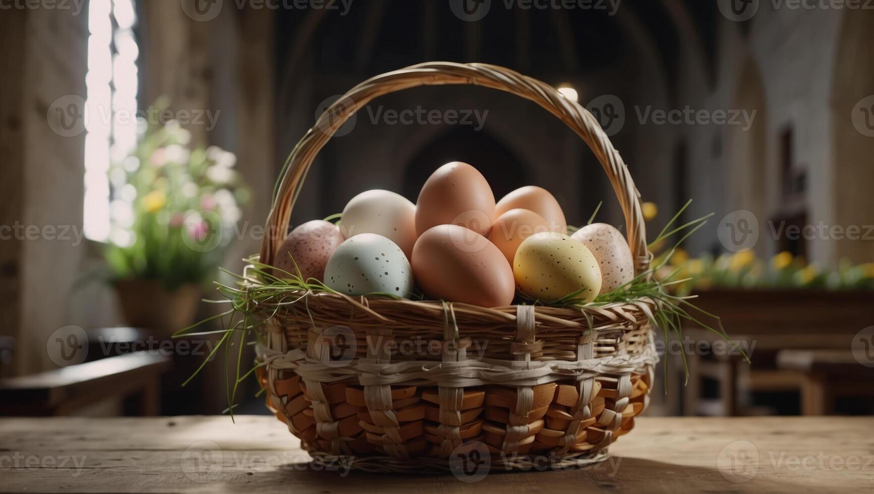 Easter food basket for church blessing, traditional Catholic European custom with eggs, onion, ham, and bread. photo