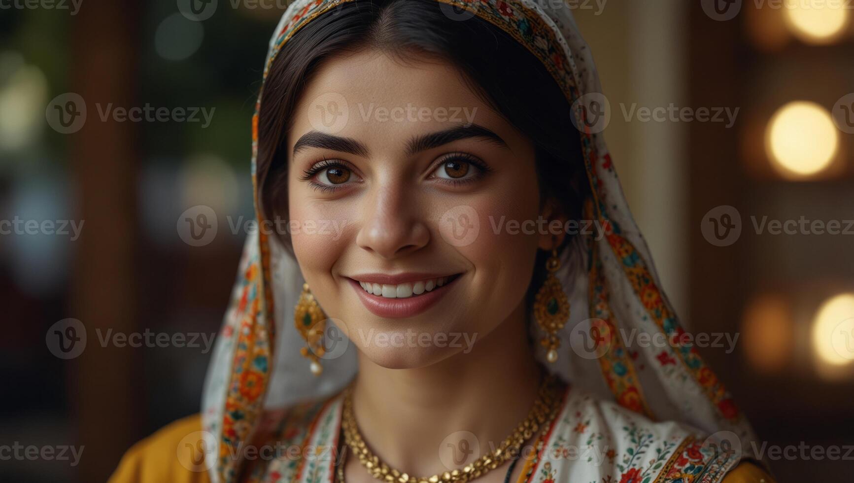 Face of happy young Persian woman smiling in traditional clothing. photo