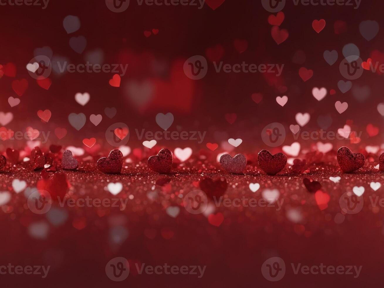 Floating Hearts Bokeh - Elongated Panoramic Red Background in a Valentine's Day Concept. photo