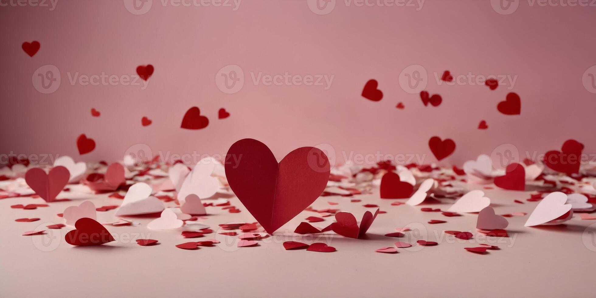 Frame of red paper hearts and confetti on pink background Happy Valentines Day concept. photo