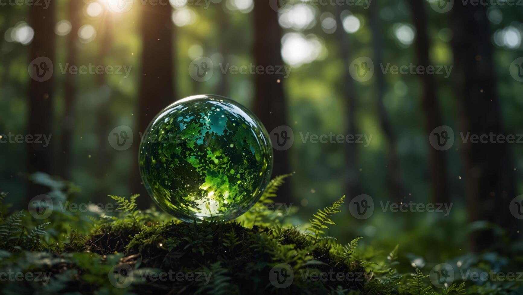 Globe planet glass in green forest with bokeh nature lights world environment day concept of environment conservation,. photo