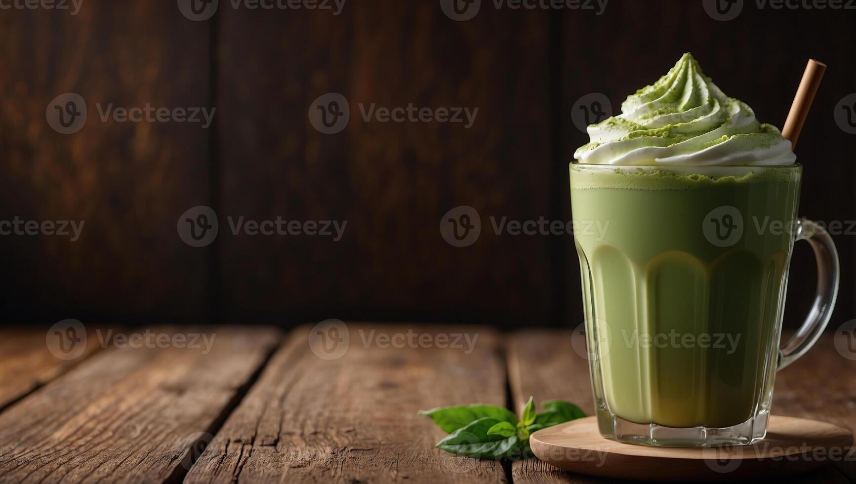 Glass of tasty dalgona matcha latte on wooden background with space for text. photo