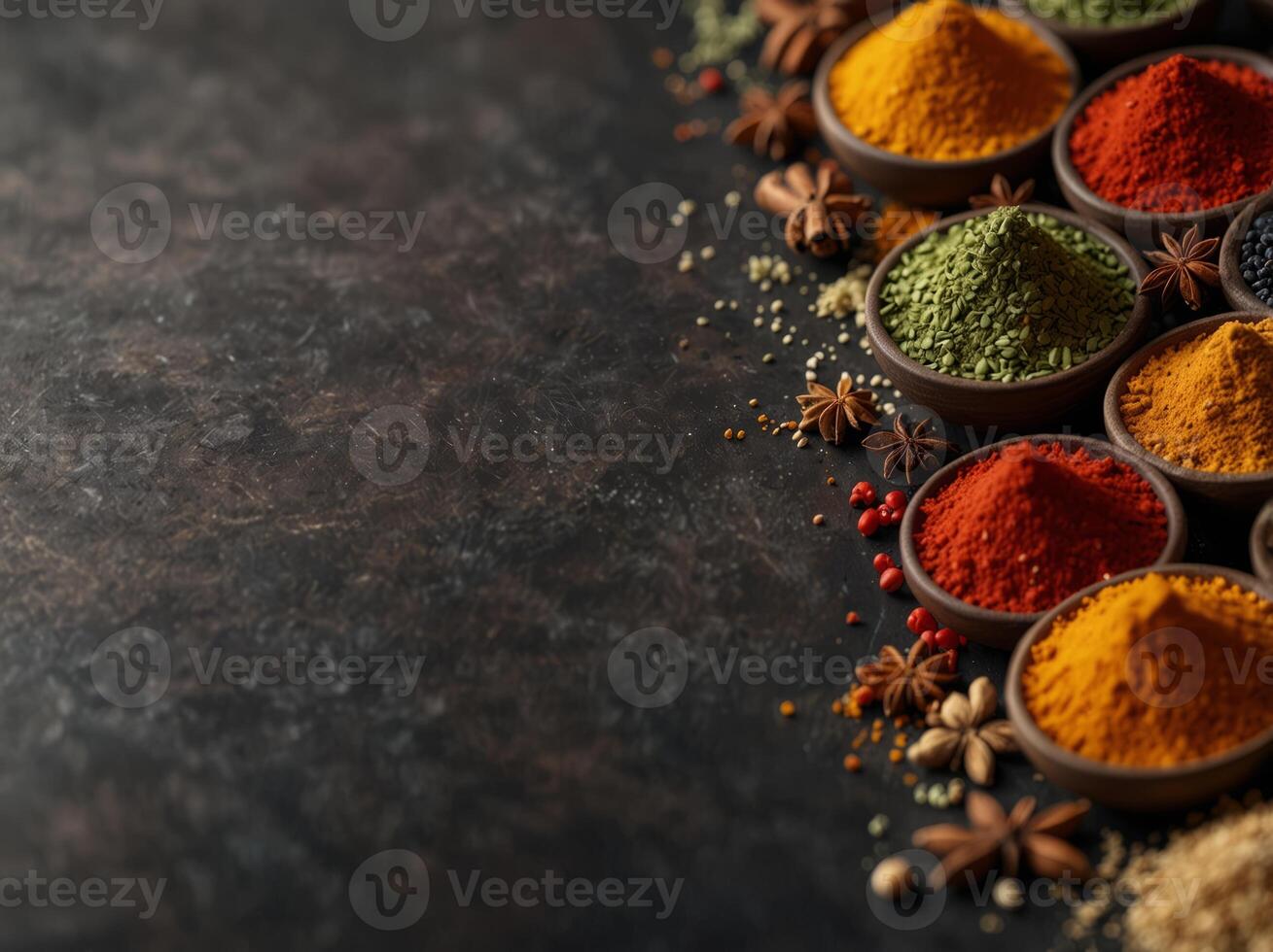Illustration of colorful spices with copy space for text. photo