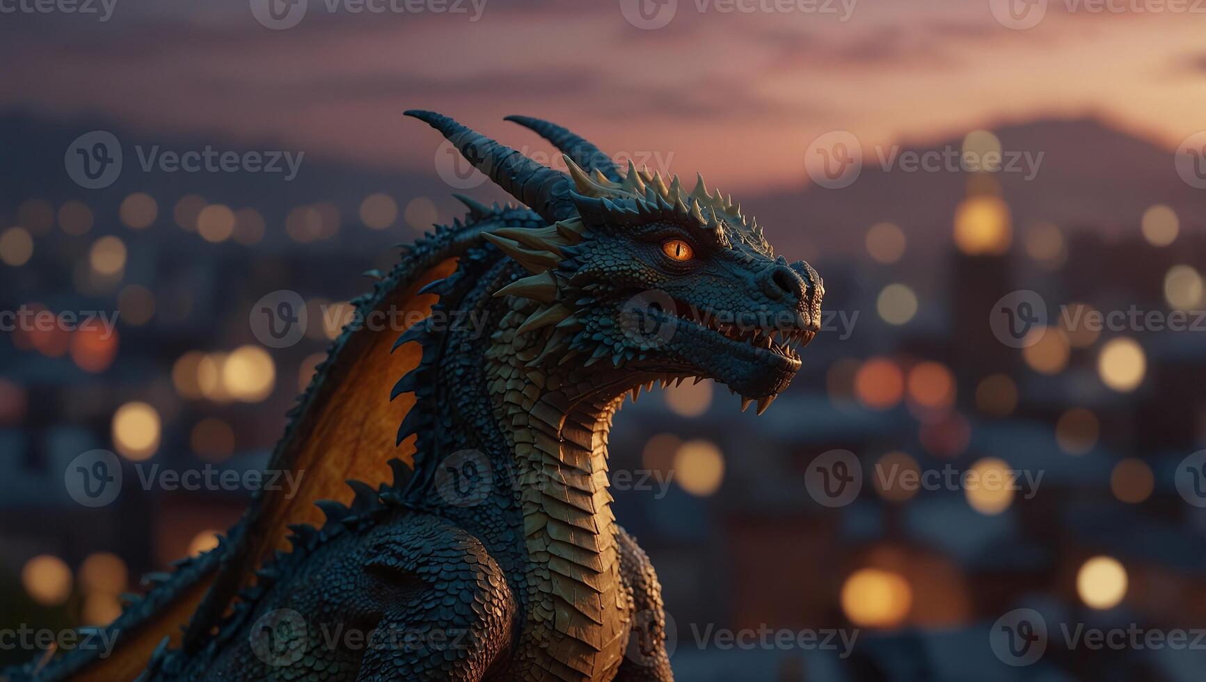 Illustrate a whimsical scene of a dragon perched on a city rooftop at dusk. photo