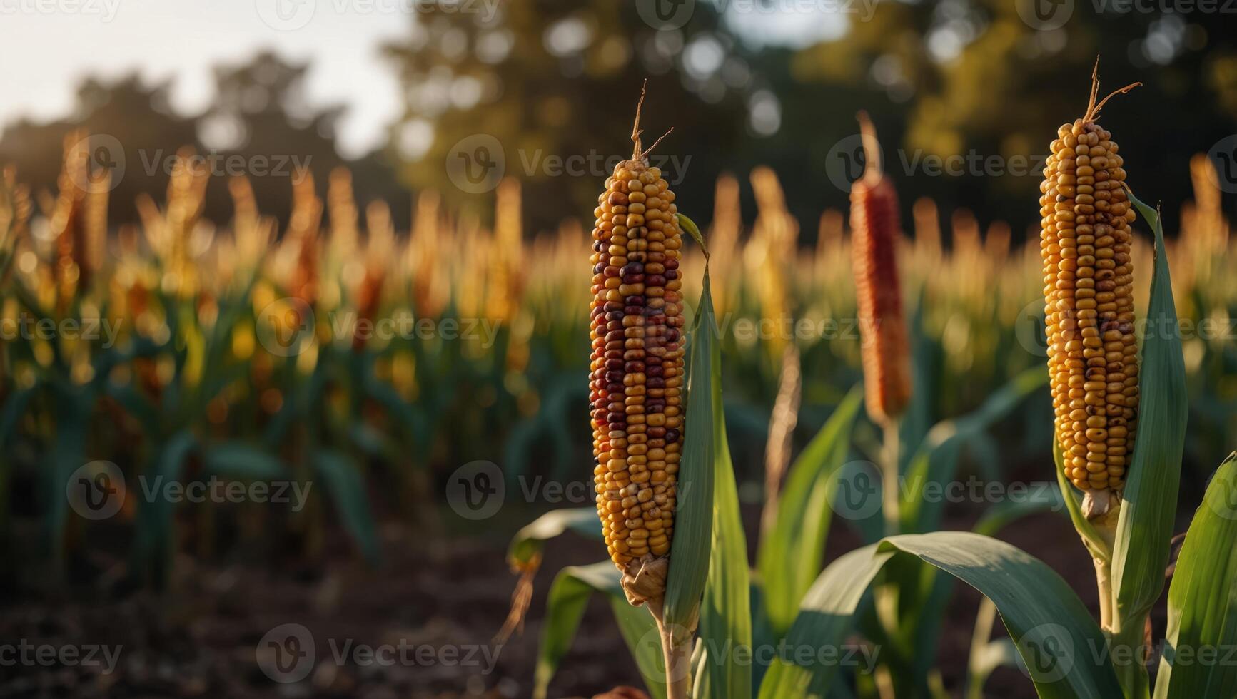 Indian corn on blurred farm field background with copy space, close up, concept of autumn harvest, October festival, Thanksgiving celebration. photo