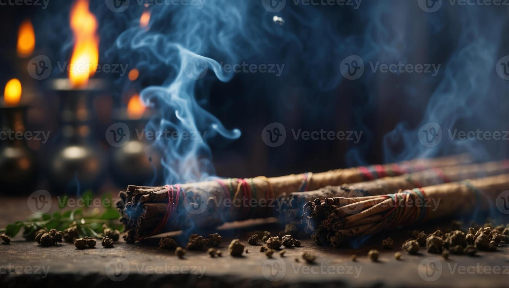 Incense of herb stick smokes as Shamanic tradition. photo