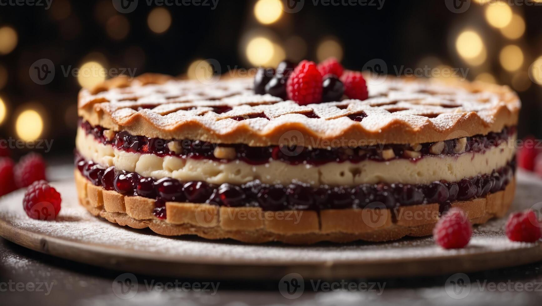 Linzer Torte is traditional Austrian cake with a lattice design on top of the pastry Filled with jam. photo