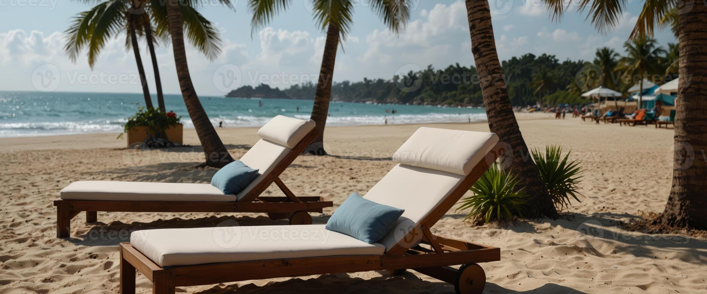 Luxury beach resort, beach loungers near the sea with white sand over sea Topical island background, summer vacation concept, holiday and tourism design Exotic landscape,. photo