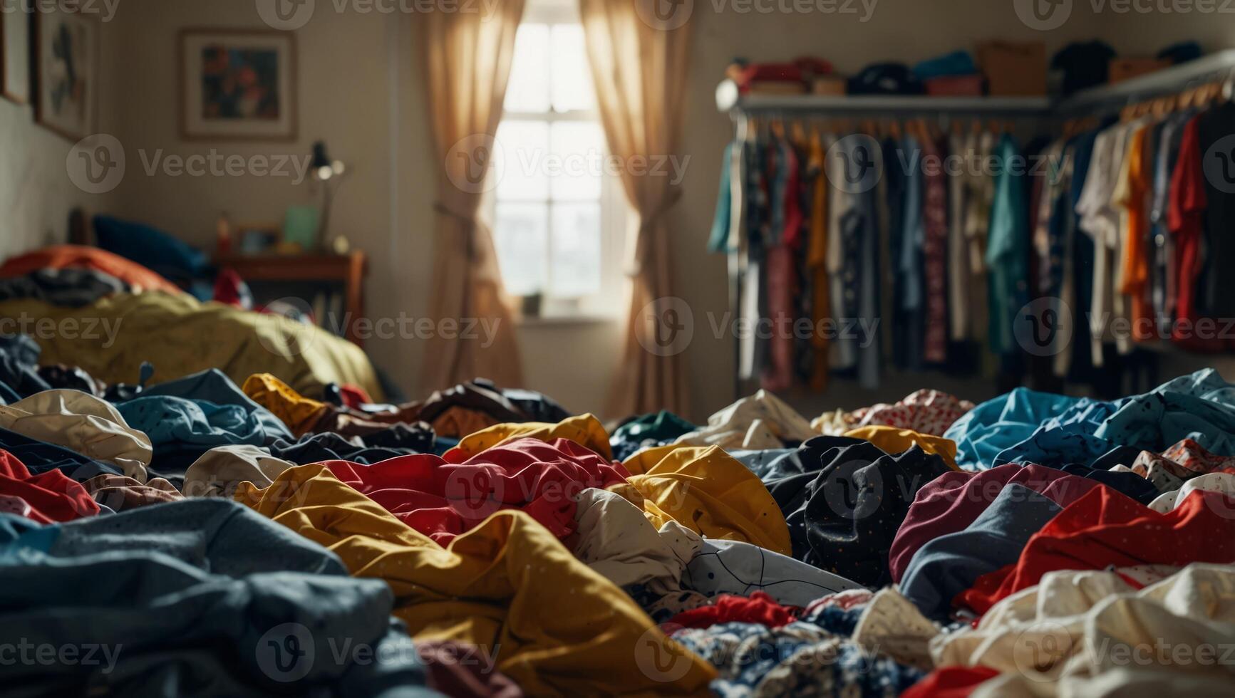 Mess of clothes all over room Fast fashion. photo