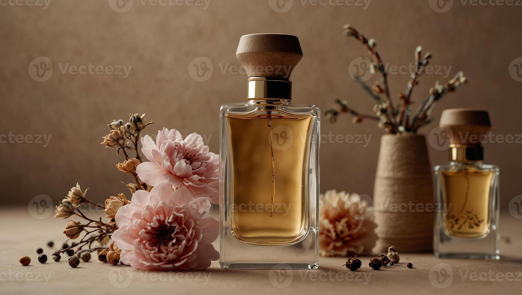 Mock up of minimal elegant perfume bottle displayed on beige backgrounds with dry flowers and perfume spices Stylish parfumerie banner. photo