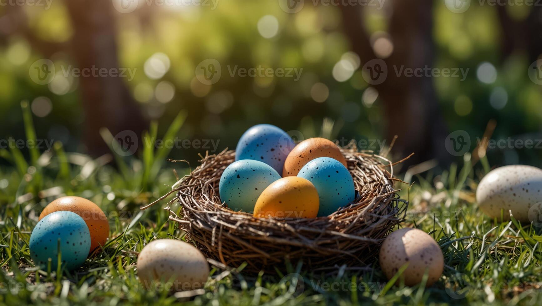 Nest with easter eggs in grass on a sunny spring day - Easter decoration, banner, panorama, background with copy space, happy easter day concept backgrounds. photo