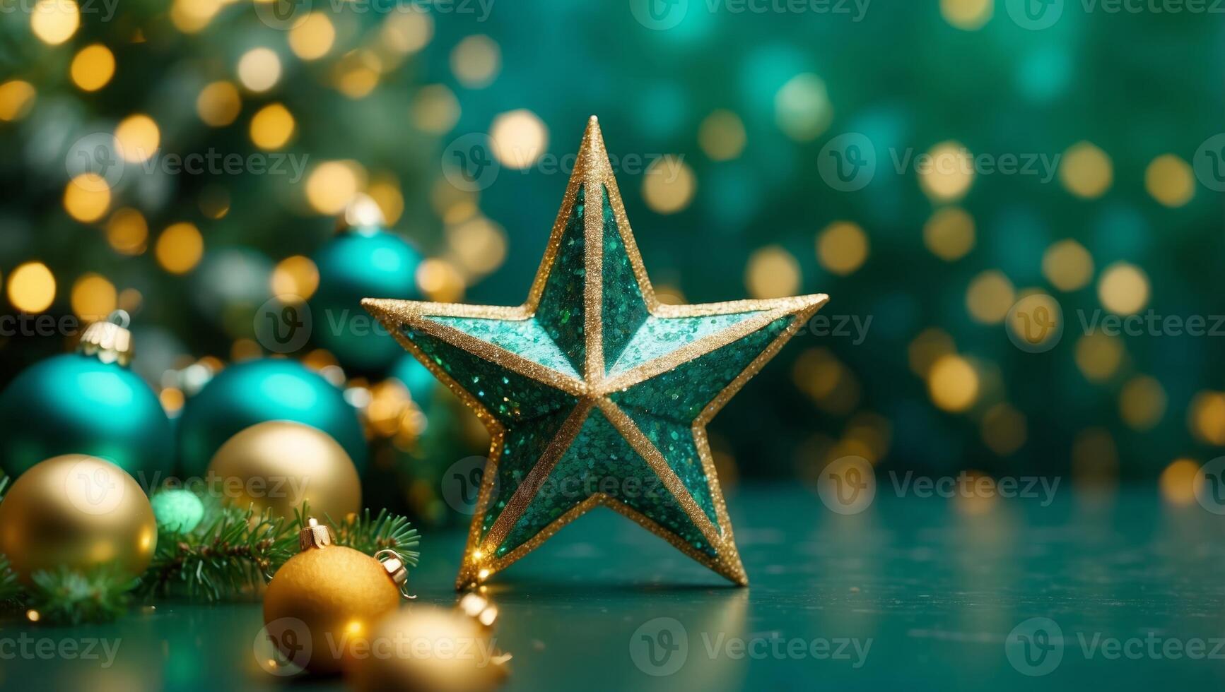 New years Christmas gold green star background web banner with copy space Christmas teal green and golden abstract glitter bokeh background Selective focus. photo