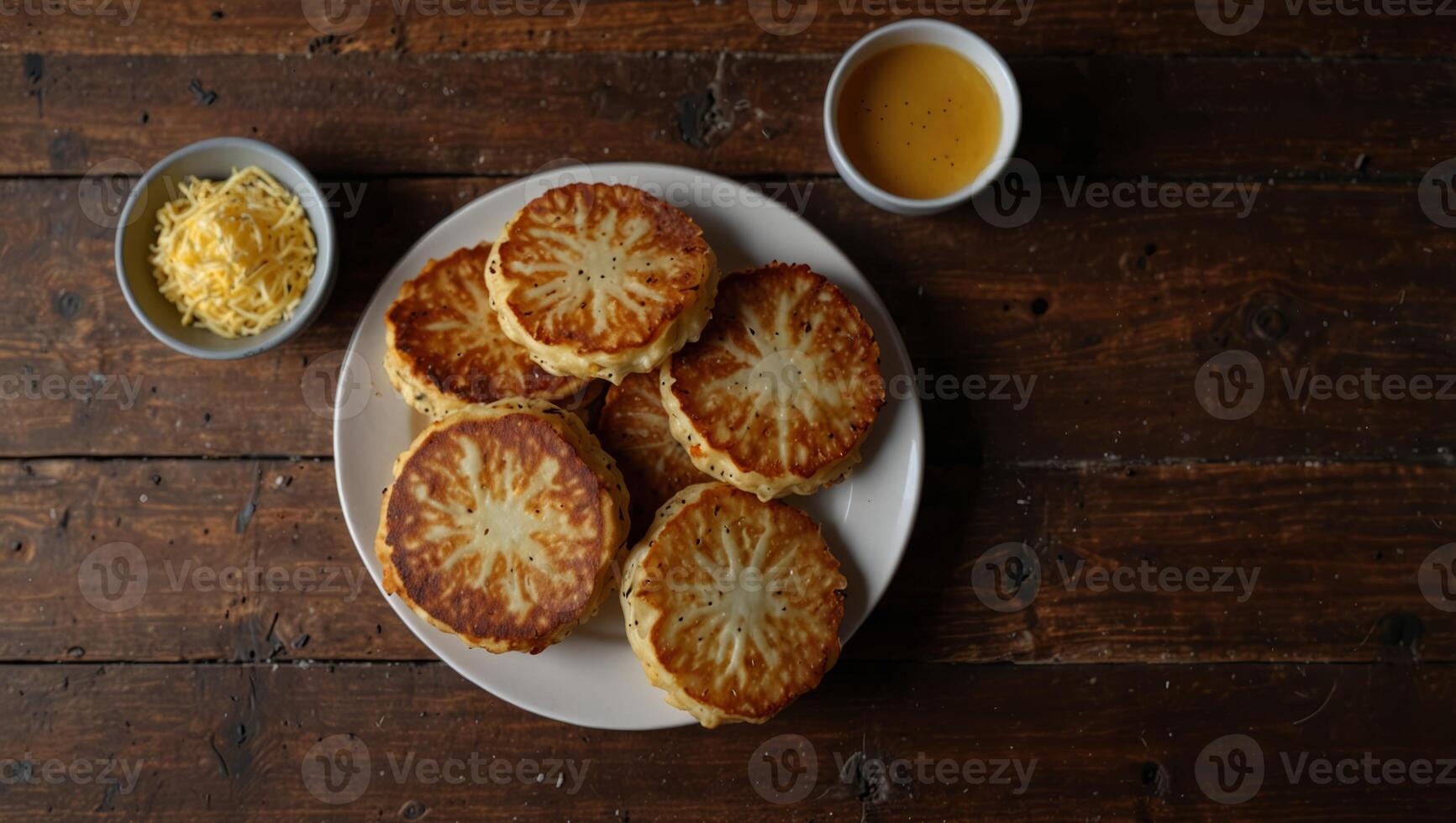 Potatoes pancakes latkes, flapjacks, hash brown or potato vada on brown wooden table Top view or flat lay Copy space for text. photo