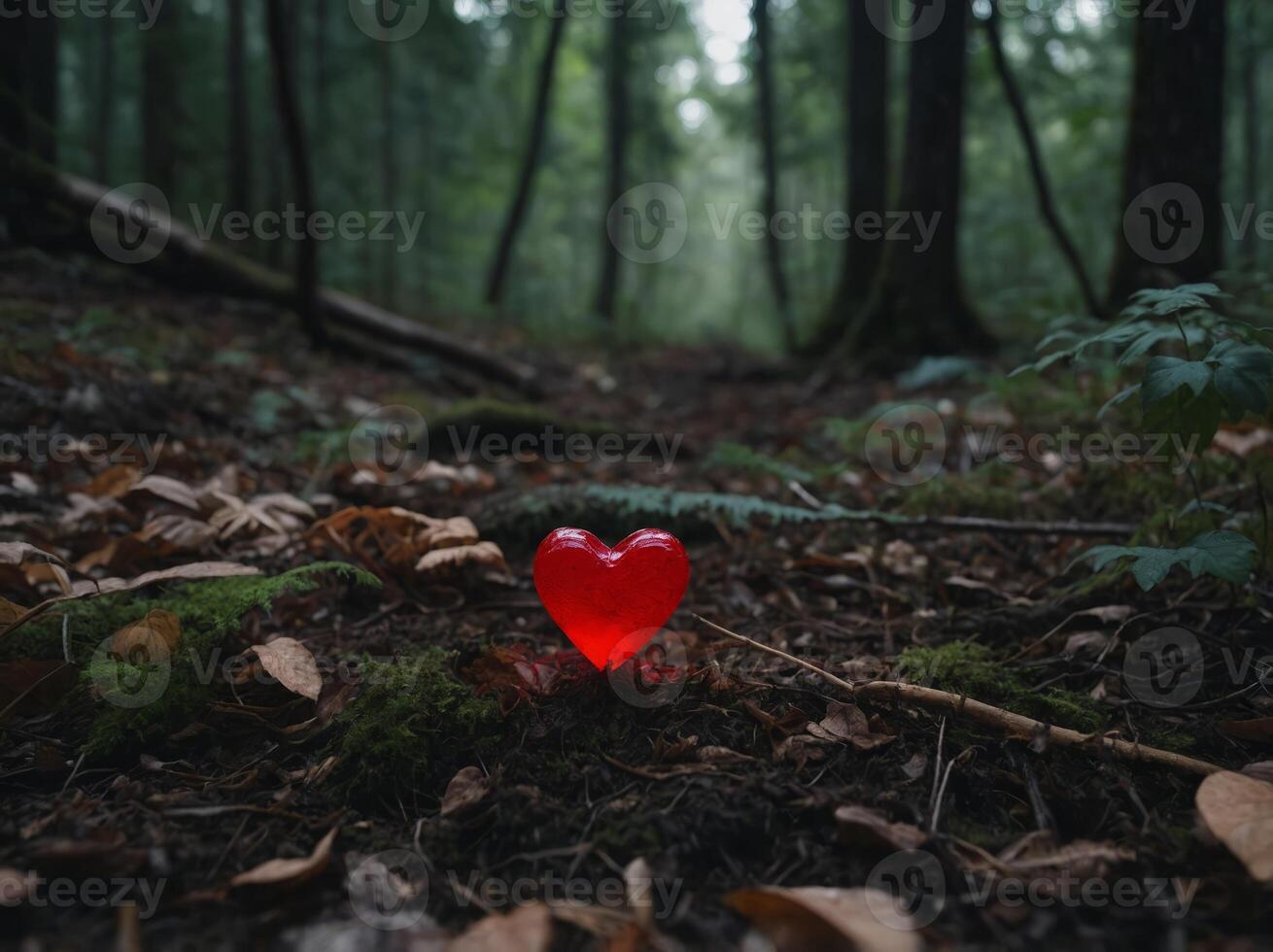 Red heart on the ground in the forest Valentine's day concept. photo