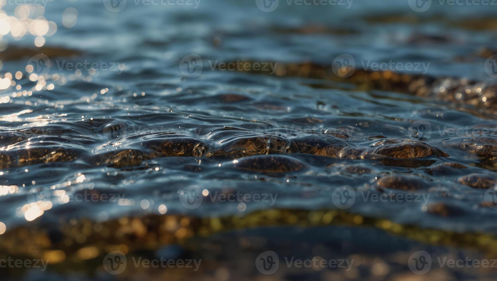 Ripples of the crystal clear shallow water surface, on a stony beach of Lake outdoor summer backgrounds. photo