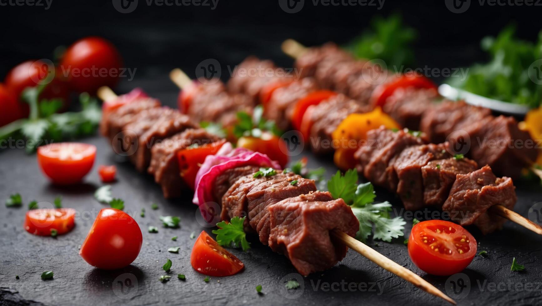 Shish kebab on skewers, from minced beef meat Lula kebab, traditional Caucasian recipe On black concrete background, with sauces, tomatoes and veggie salad top view copy space. photo