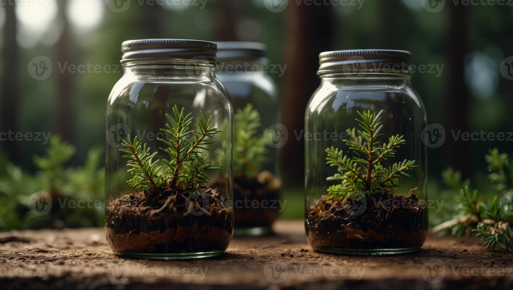 Spruce, pine and juniper seedlings in glass jars Eco friendly Christmas gifts for reforestation concept Deforestation idea. photo