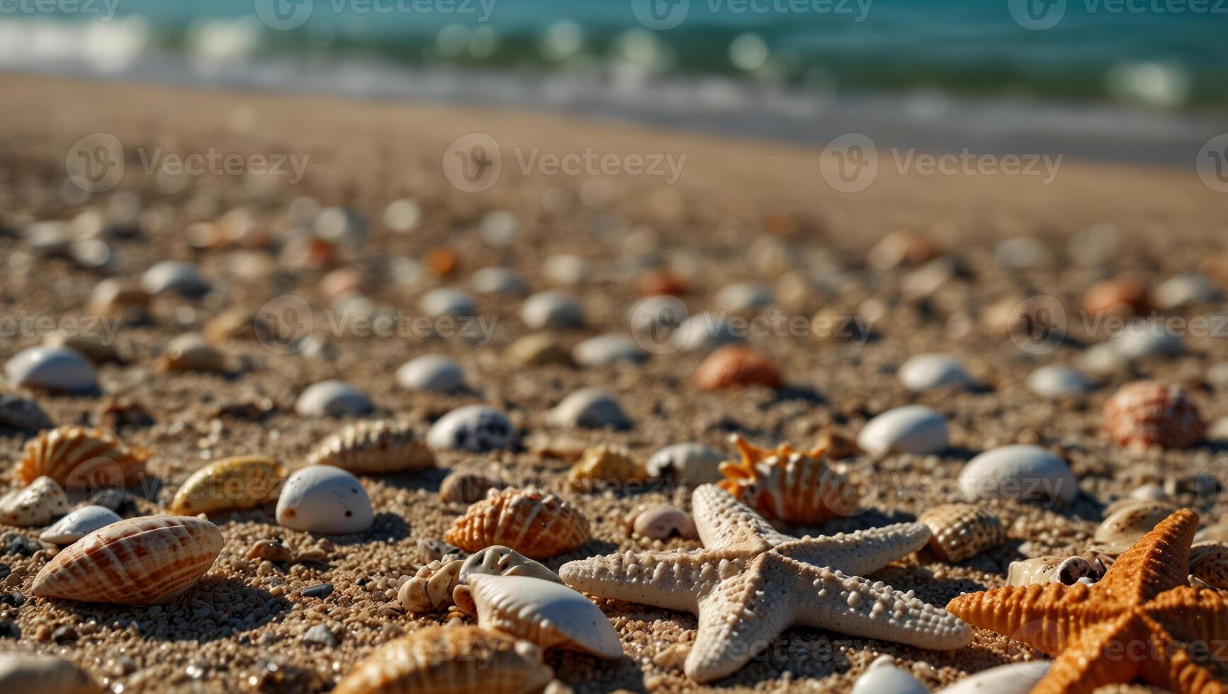 Summer beach with strafish and shells background, fresh summer travel backgrounds with copy space. photo