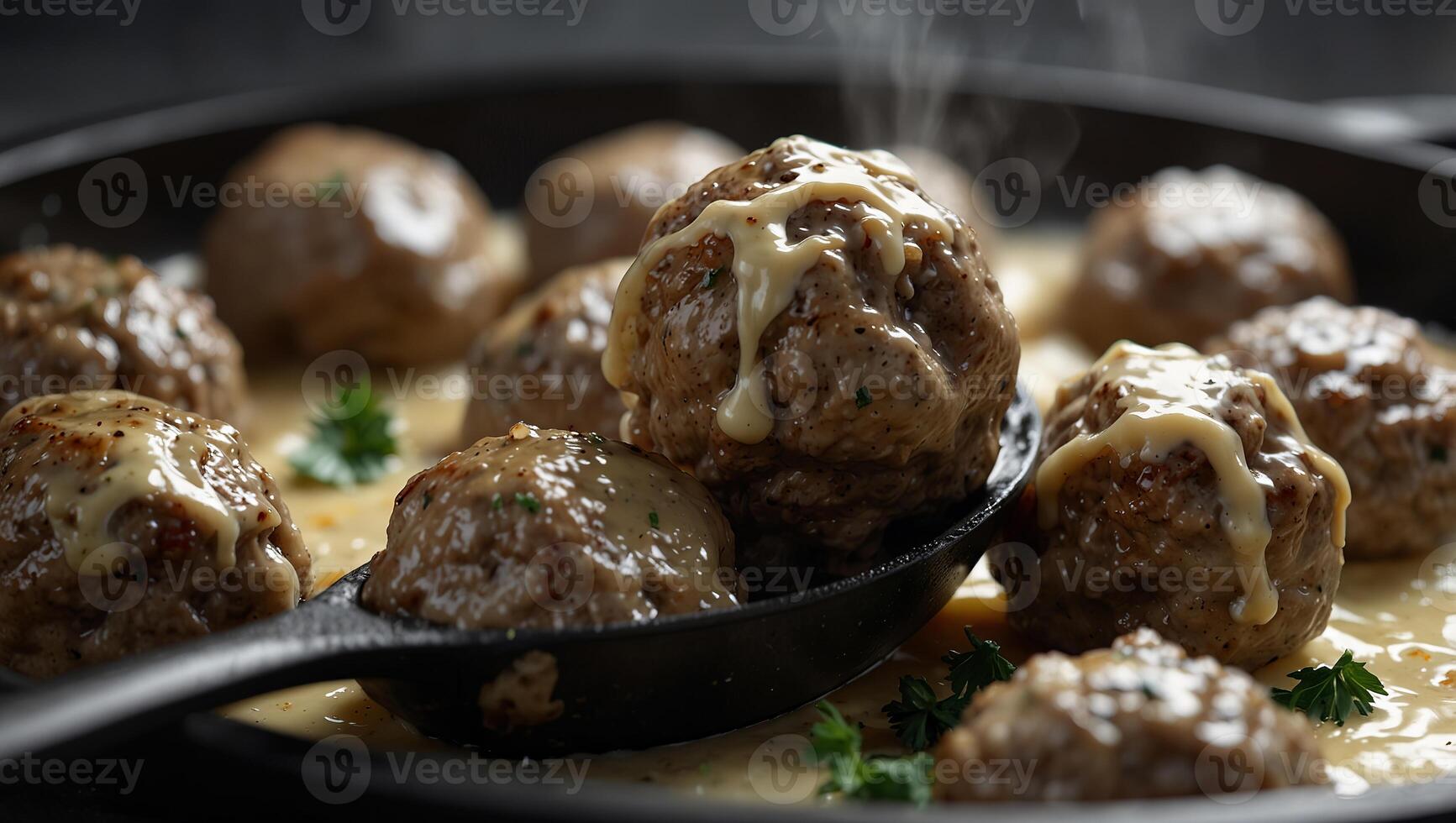 Swedish Meatballs with Cream Sauce in a skillet, Gray background. photo