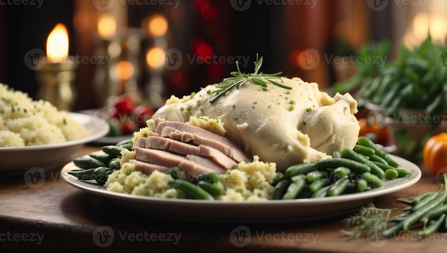 Thanksgiving plate with turkey, mashed potatoes and green beans. photo
