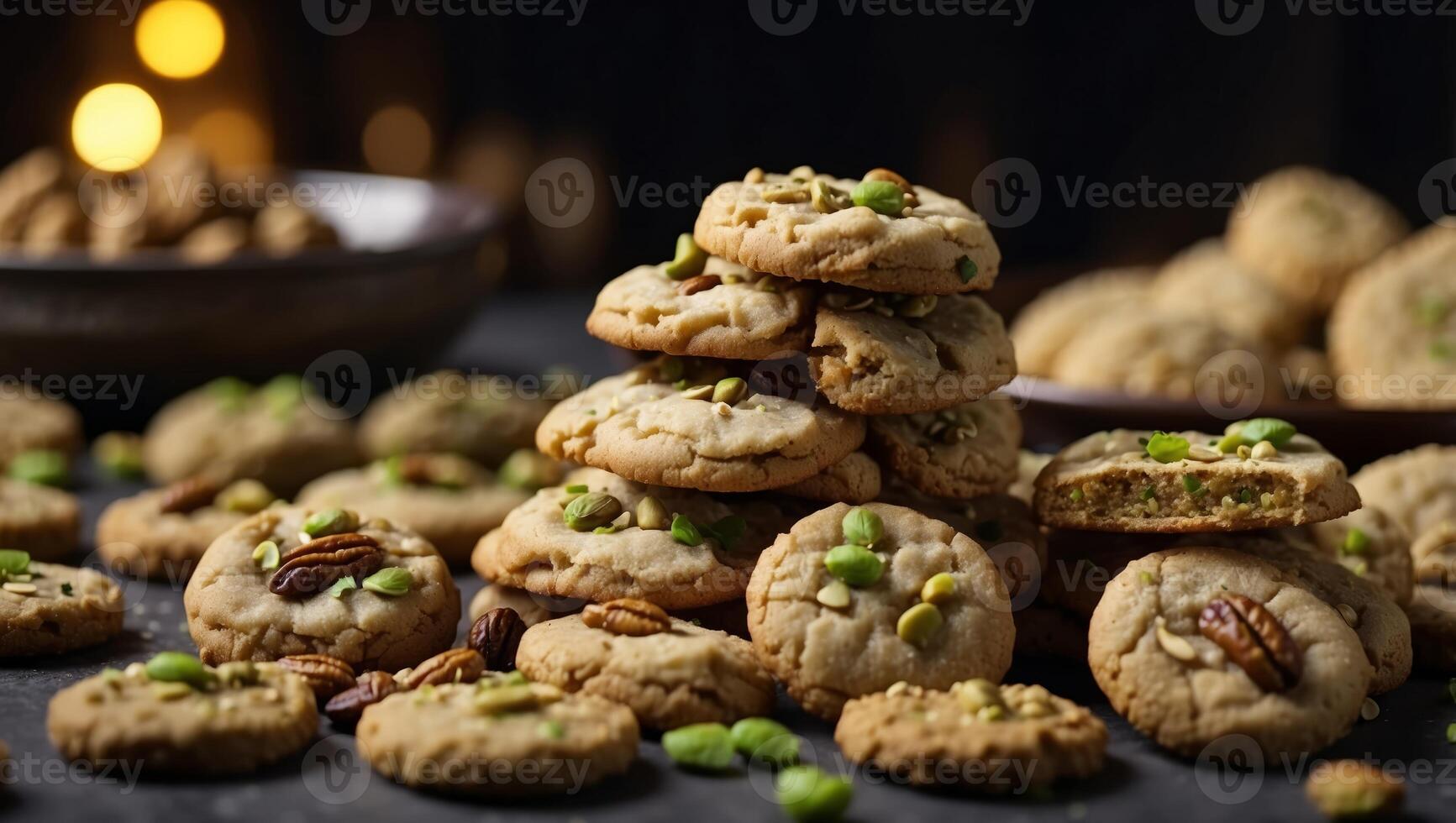 Traditional Arabic Eid semolina cookies with dates walnuts and pistachios seen from above with space for text. photo