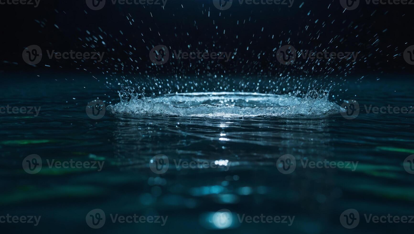 There is a dark blue background with a bright white light in the center The foreground is dark blue water with small, bright green sparkles. photo