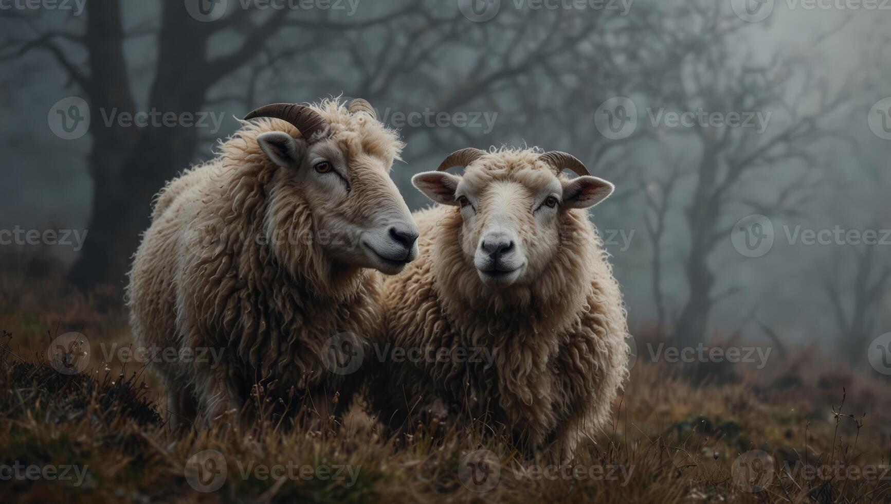 Two lost sheep cuddling in fog Suitable to add text. photo