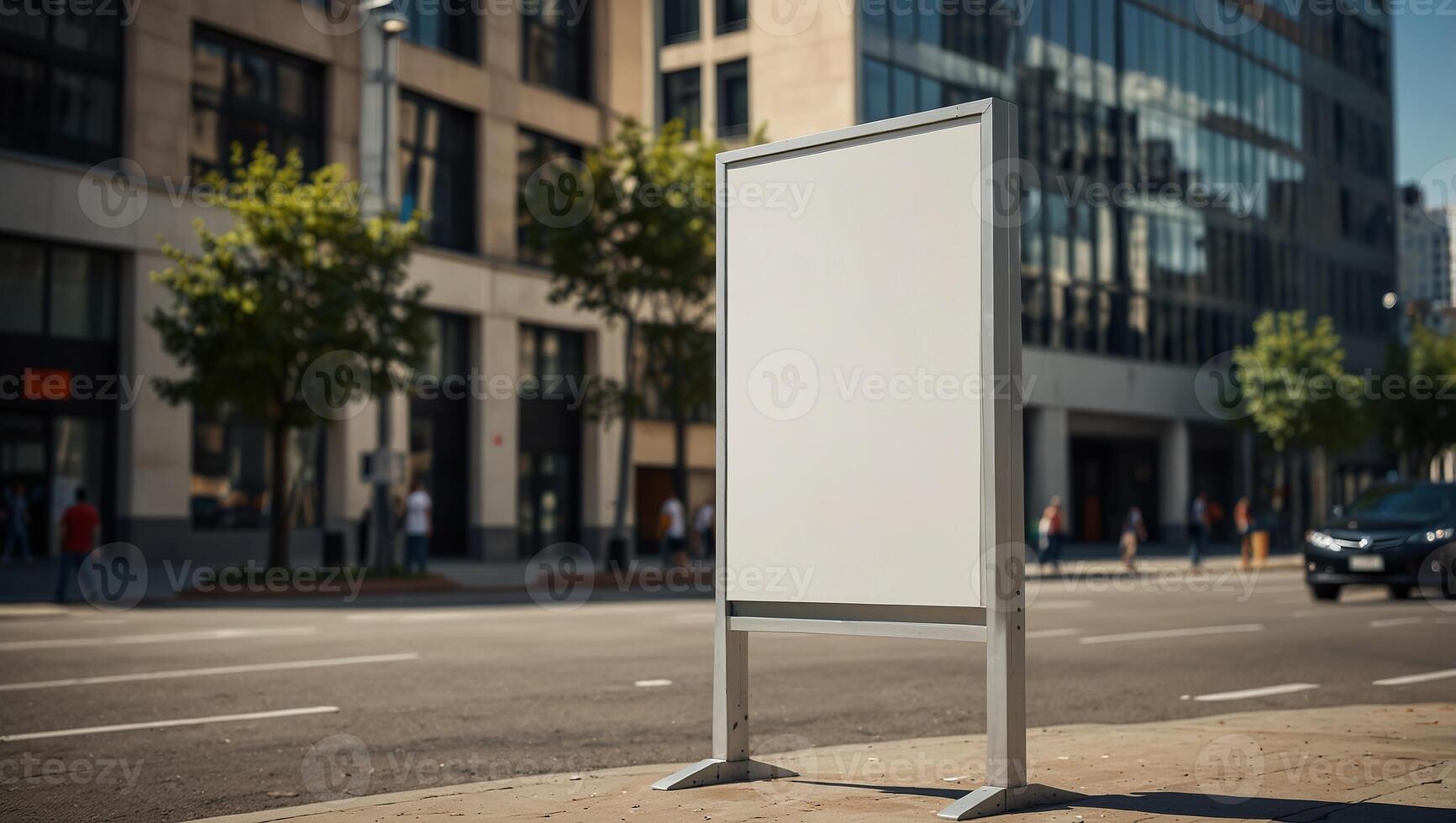 Vertical blank white billboard on city street In the background buildings and road Mock up Poster on street next to roadway Sunny summer day. photo
