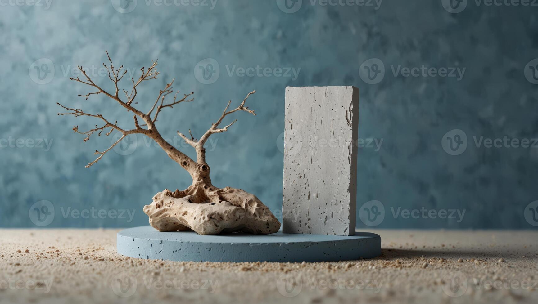 White stone product display podium on white sand on light blue minimal background with dry tree branch, showcase on graceful minimal style blue background mock up copy space. photo