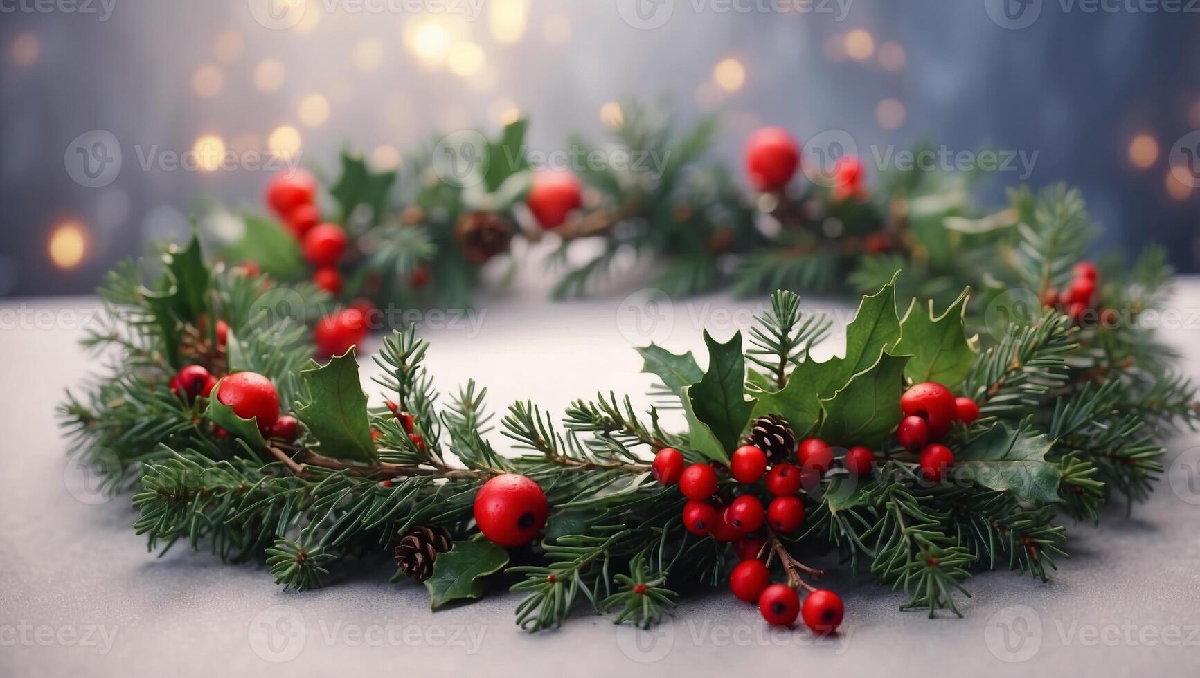 Watercolor wreath of spruce with holly berries and mistletoe for Christmas decoration. photo