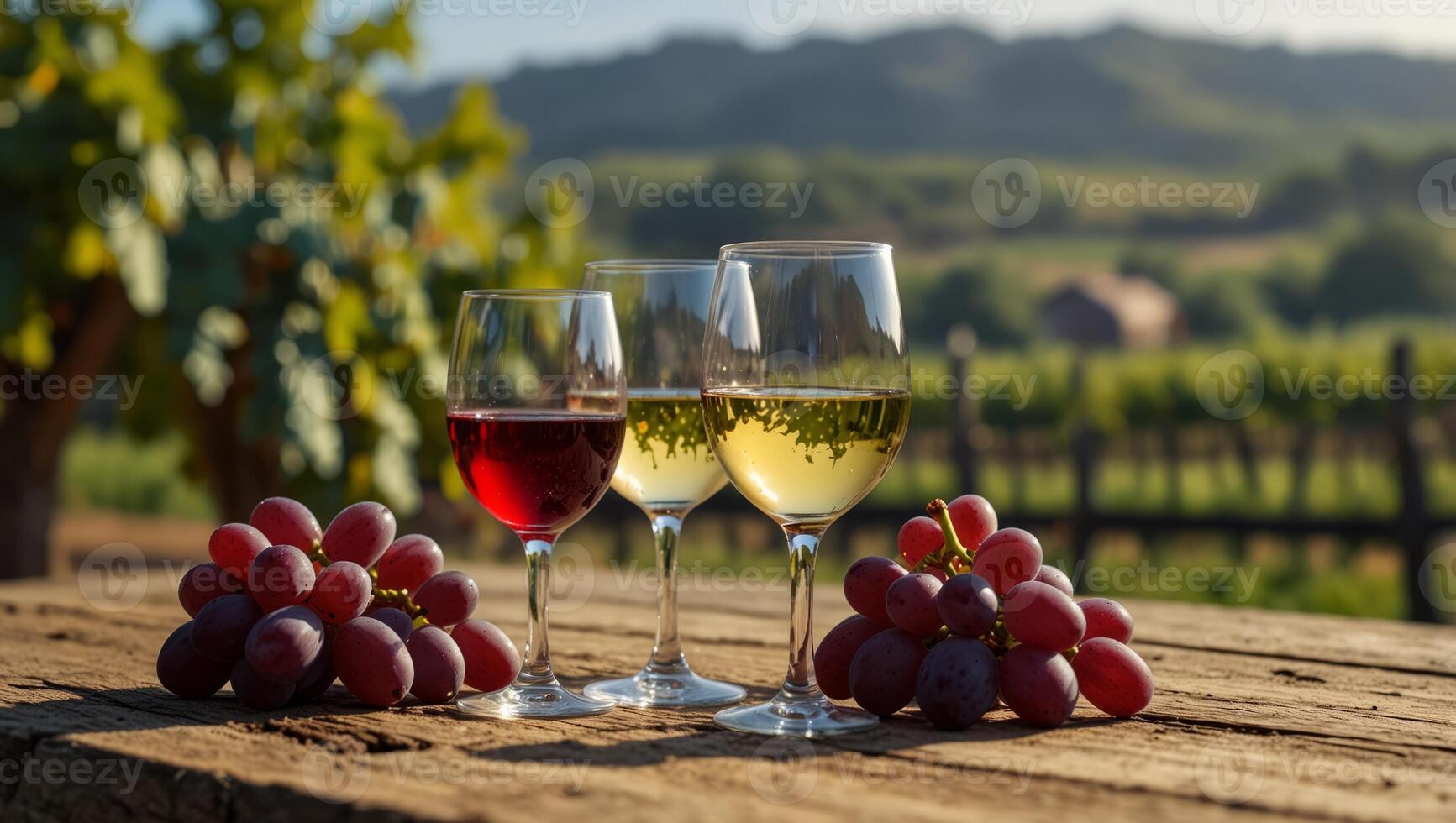 Wineglasses with fresh grapes on empty wooden table on blurred vineyard background, rural scene landscape with copy space, extra wide. photo