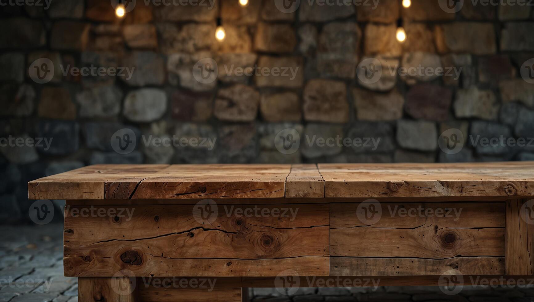 Wooden table on wild stone cladding wall background, rustic lounge area interior design. photo