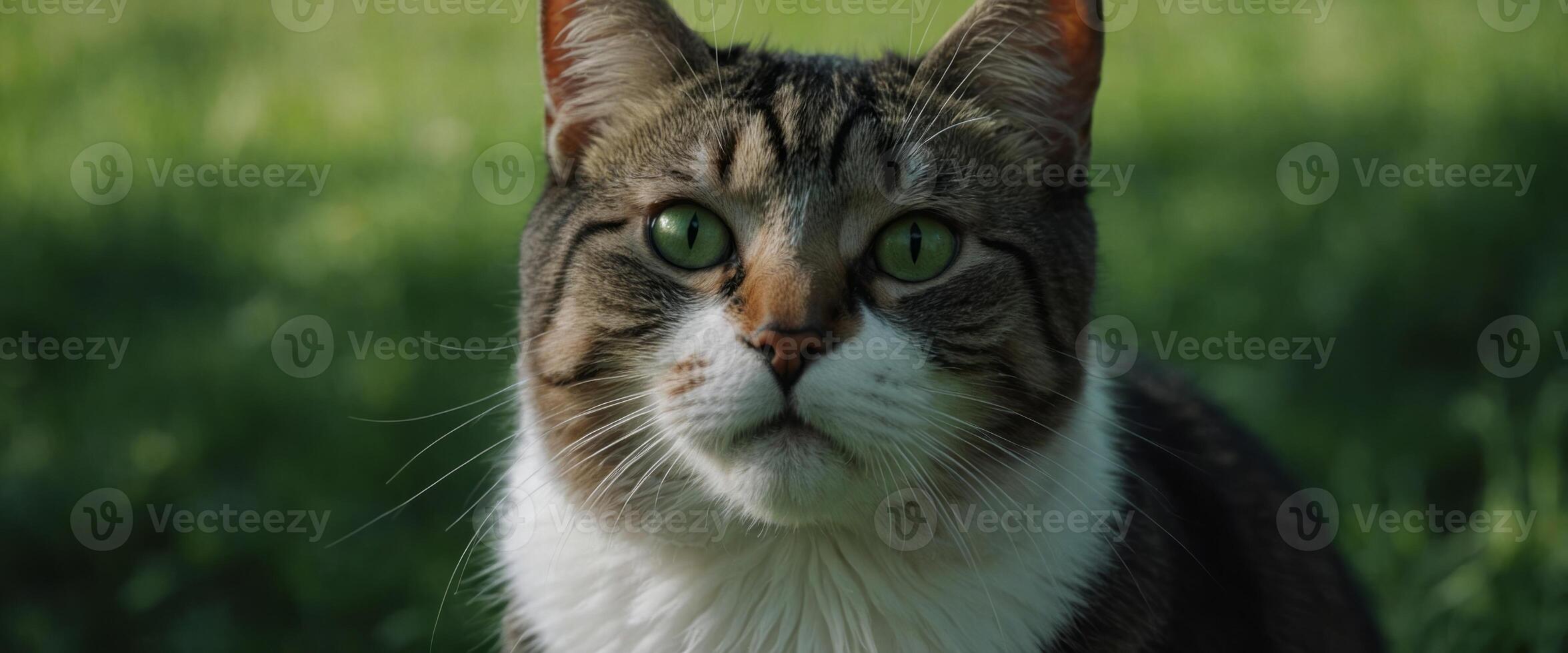 a black and white photo of a cat with its head turned to the side, looking up at something on a green background.