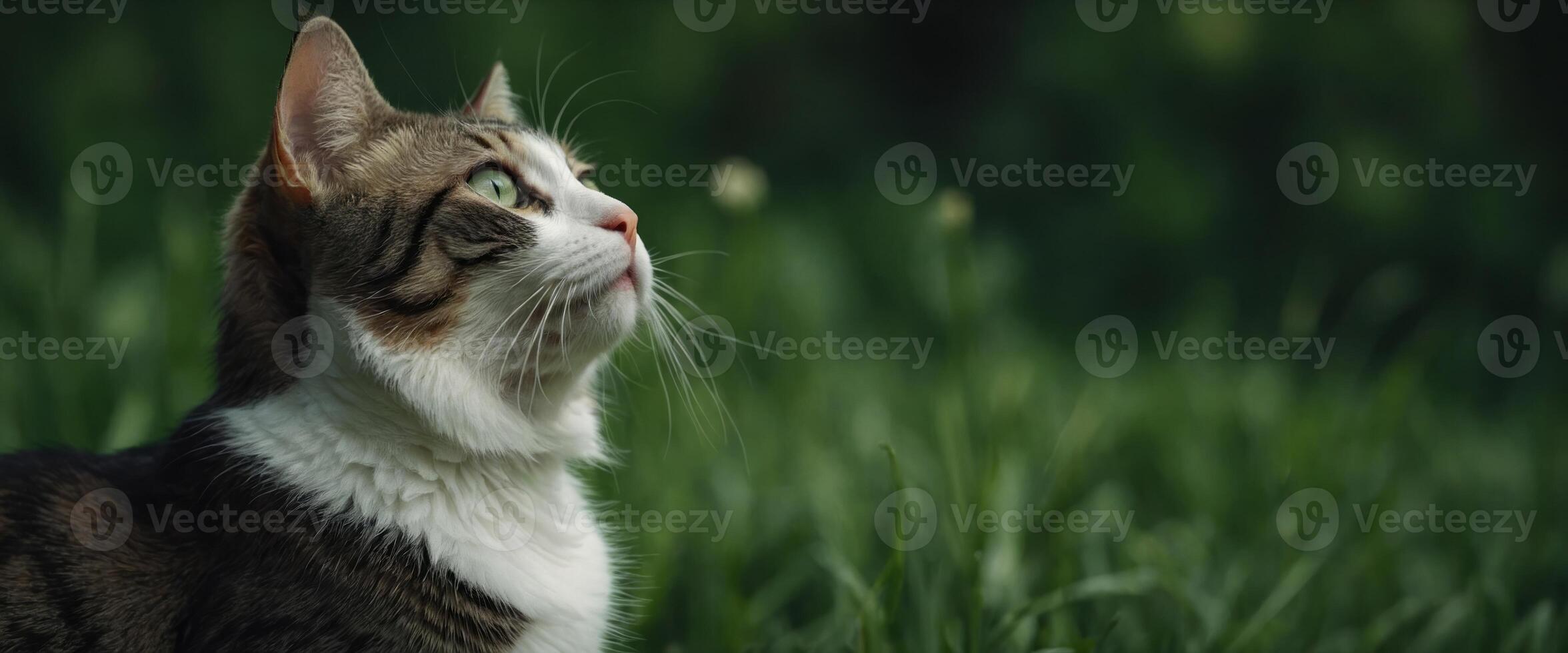 a black and white photo of a cat with its head turned to the side, looking up at something on a green background.
